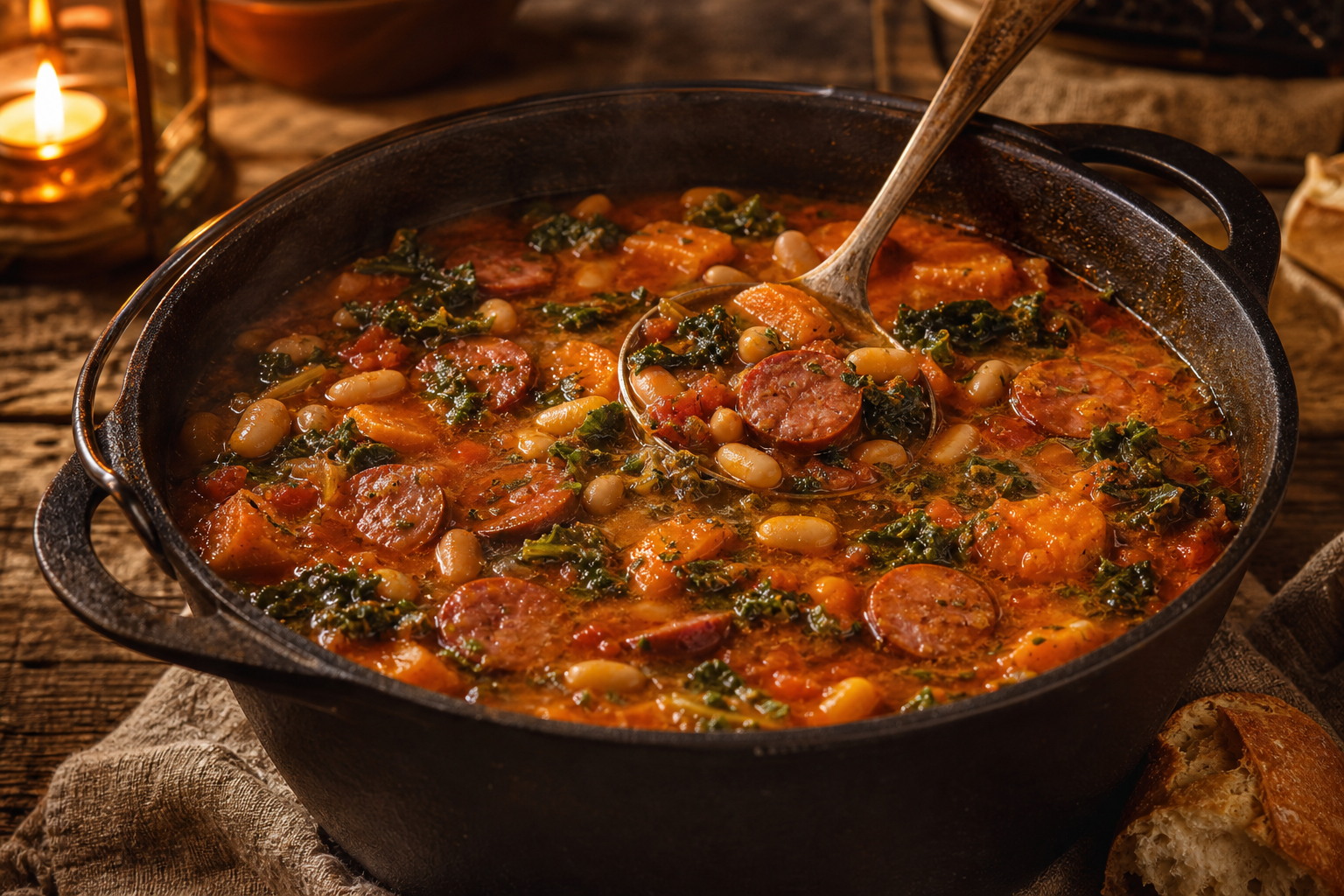 Cast iron pot of smoky sausage and white bean stew with kale and sweet potato