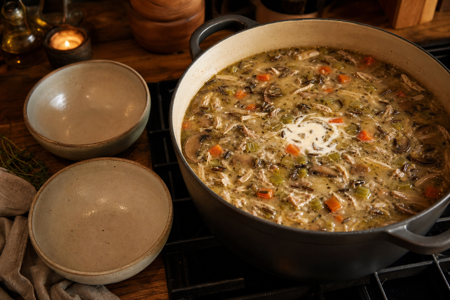 Stockpot of turkey and wild rice soup with mushrooms, carrots, and a swirl of cream