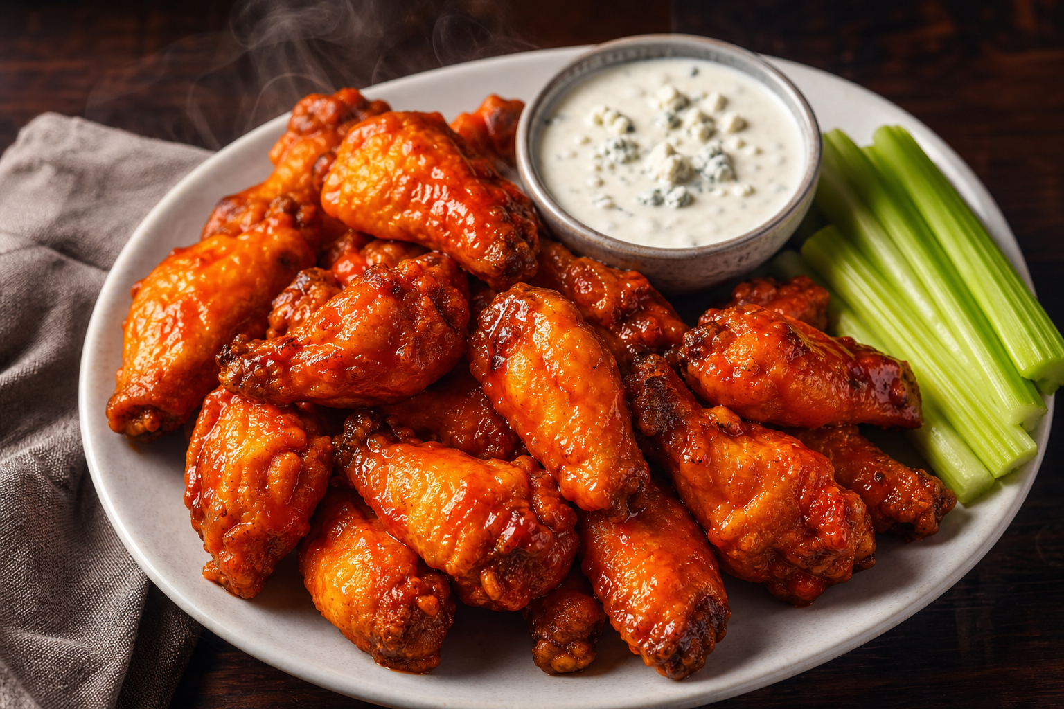 15 Game Day Chicken Wing Ideas 17 Classic Buffalo chicken wings with blue cheese dressing and celery sticks on a white plate