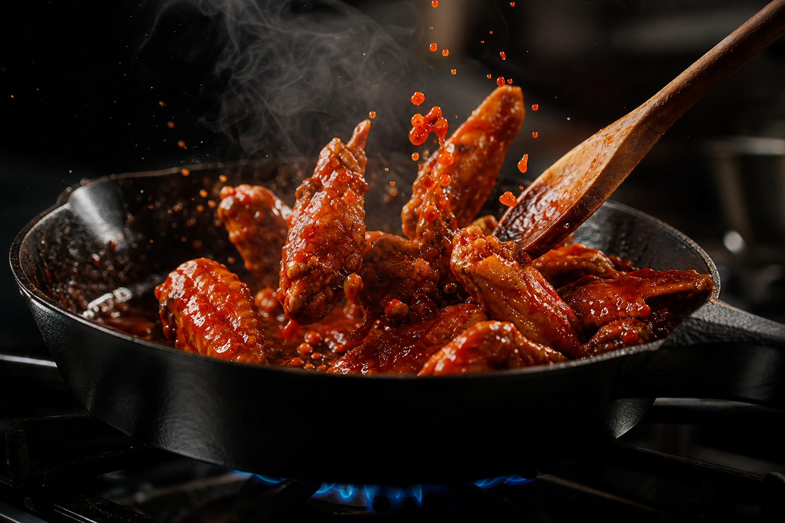 15 Game Day Chicken Wing Ideas 18 Hot chicken wings being tossed in cayenne hot sauce in a cast iron skillet on a gas stove