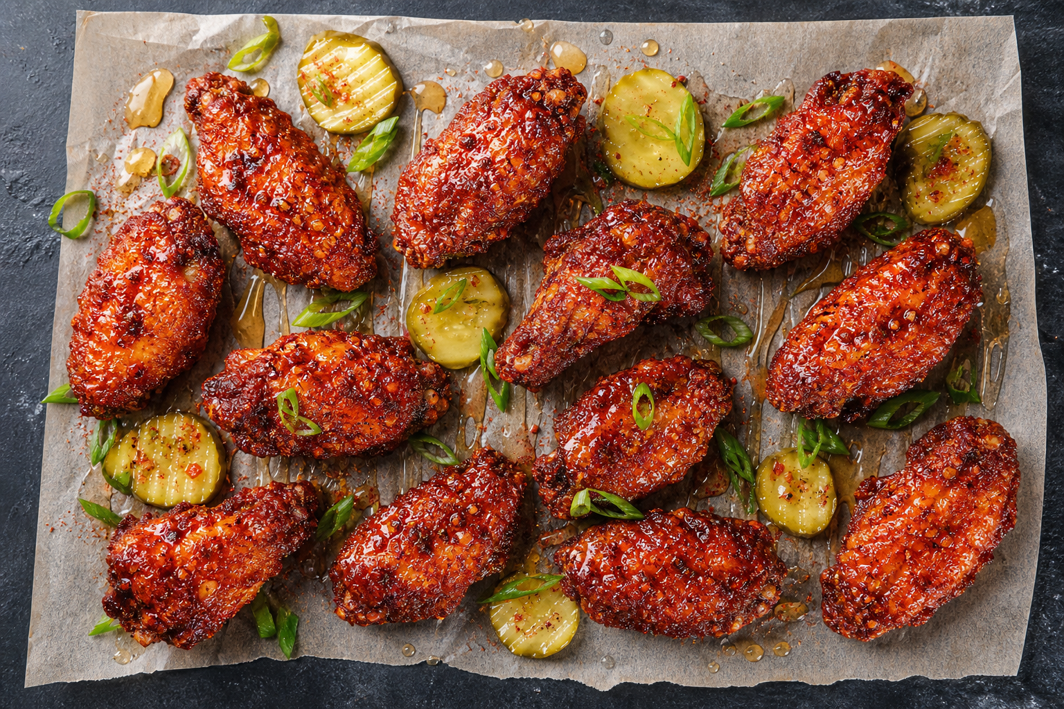 15 Game Day Chicken Wing Ideas 19 Nashville hot chicken wings on parchment with pickles, honey drizzle, and green onion garnish