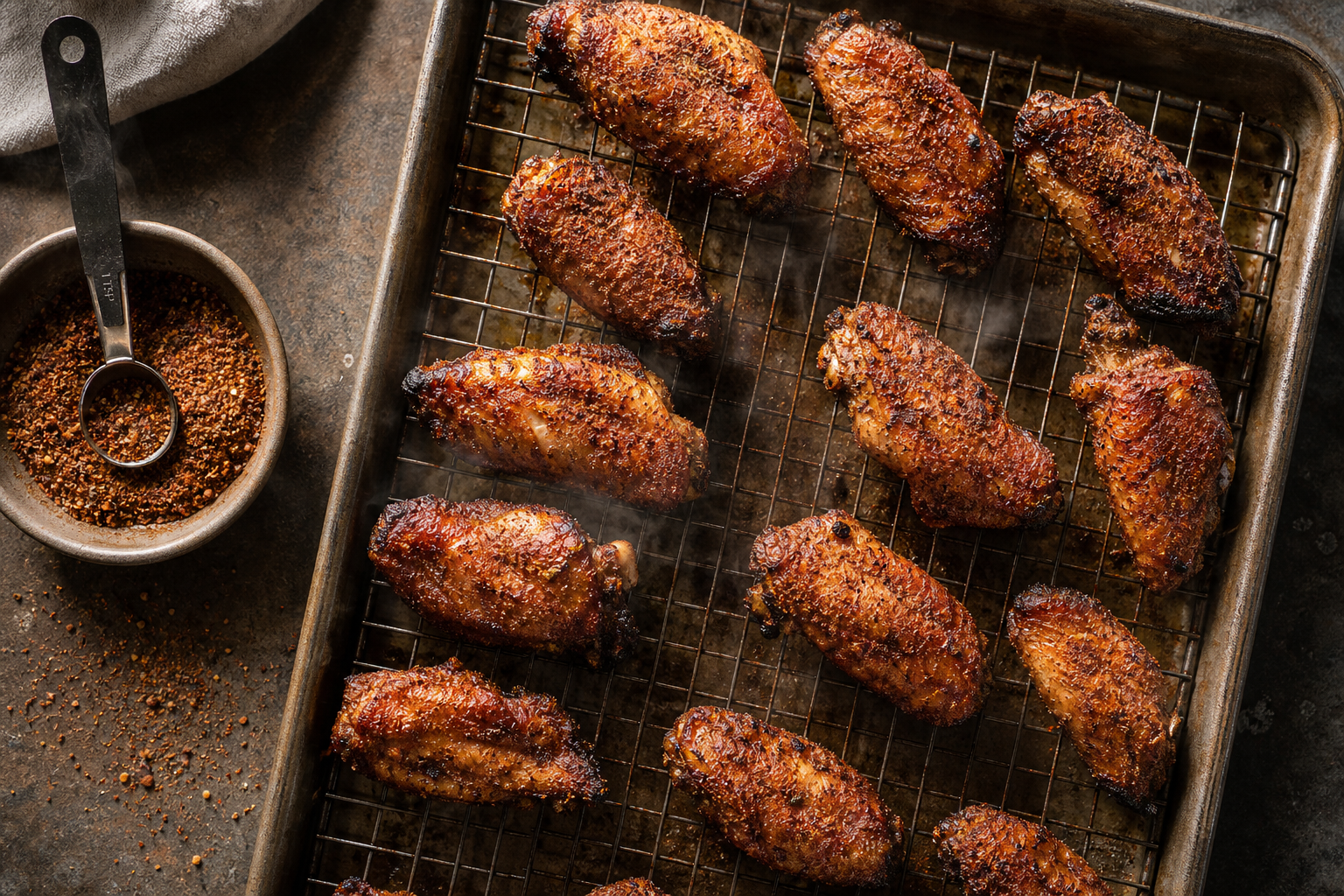 15 Game Day Chicken Wing Ideas 20 Smoky dry rub chicken wings on a wire rack baking sheet fresh from the oven