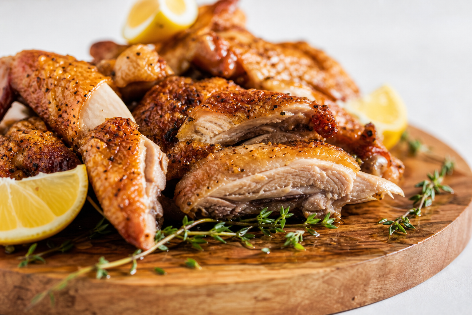 15 Game Day Chicken Wing Ideas 21 Lemon pepper baked chicken wings sliced open on a wooden board with lemon wedges and thyme