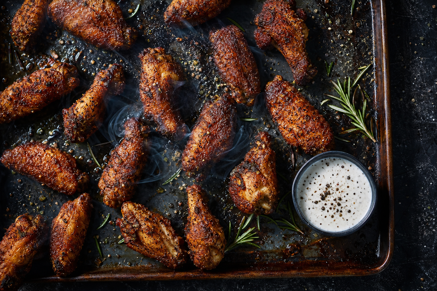 15 Game Day Chicken Wing Ideas 22 Smoked chicken wings with dark bark rub on a sheet pan with Alabama white sauce dipping bowl
