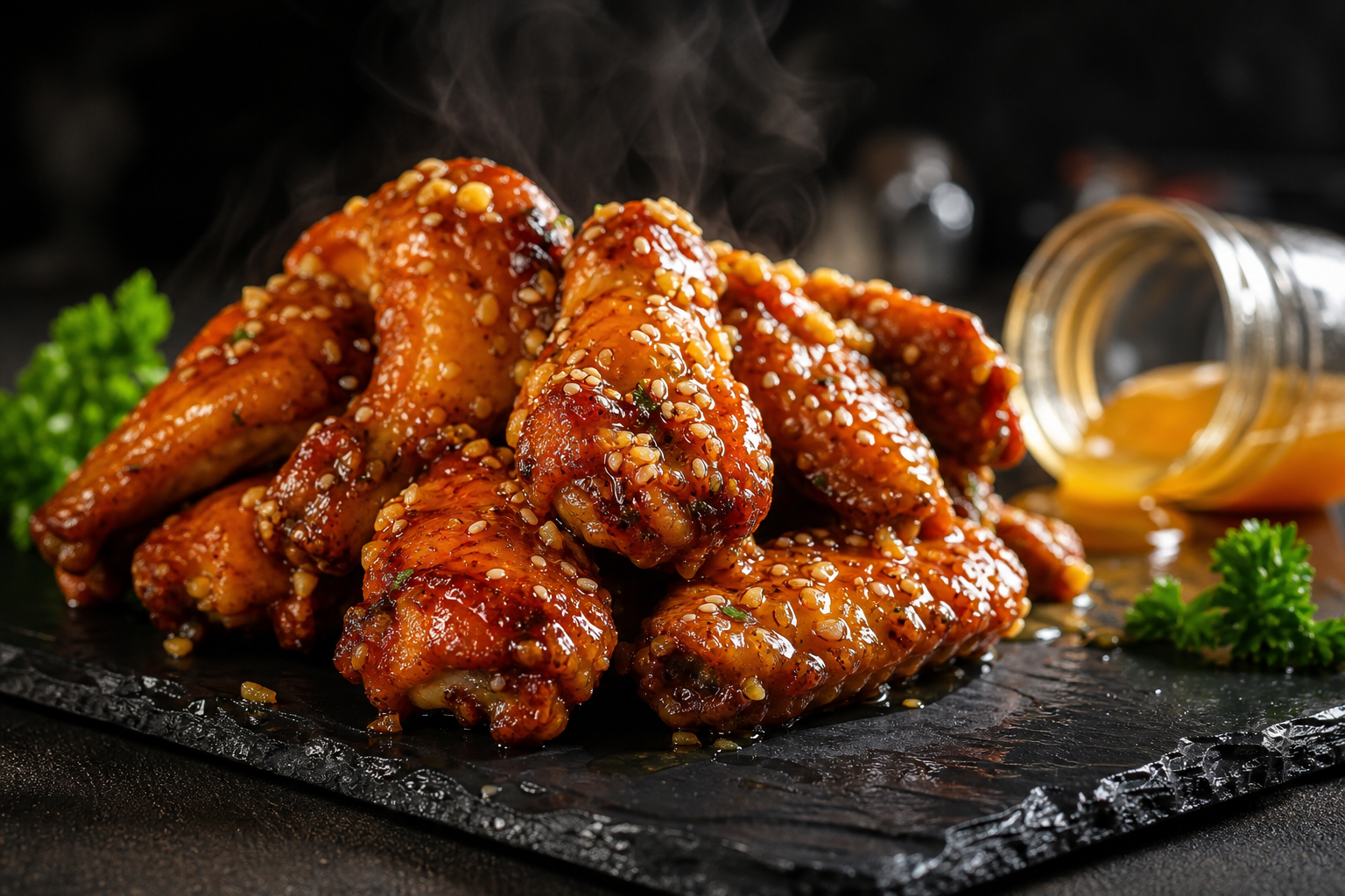15 Game Day Chicken Wing Ideas 23 Honey garlic glazed chicken wings stacked on black slate with sesame seeds and parsley garnish
