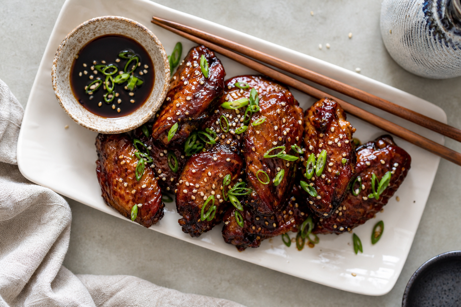 15 Game Day Chicken Wing Ideas 24 Teriyaki glazed chicken wings with sesame seeds and green onions on a white ceramic plate with dipping sauce