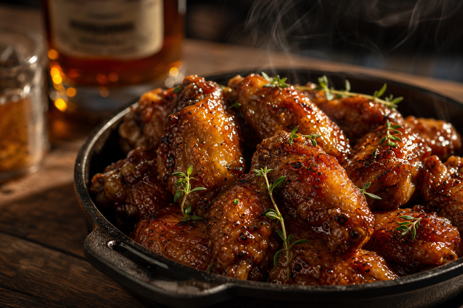 15 Game Day Chicken Wing Ideas 25 Brown sugar bourbon glazed chicken wings in a cast iron skillet with fresh thyme and cracked pepper