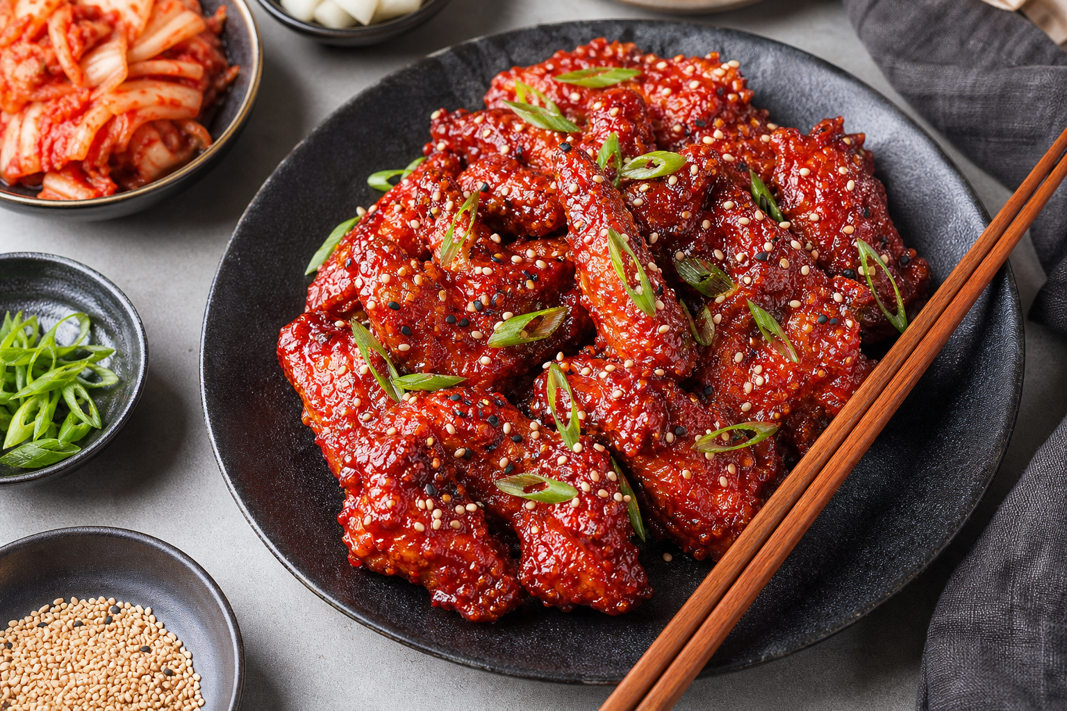 15 Game Day Chicken Wing Ideas 26 Korean gochujang double fried chicken wings on dark ceramic with kimchi and sesame seeds