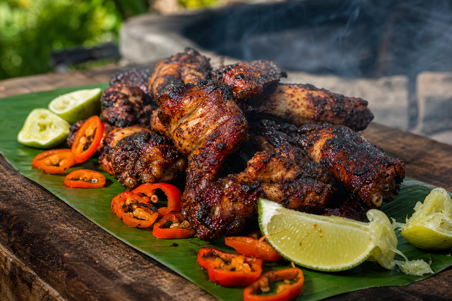 15 Game Day Chicken Wing Ideas 27 Jamaican jerk chicken wings on a wooden board with scotch bonnet peppers and lime wedges