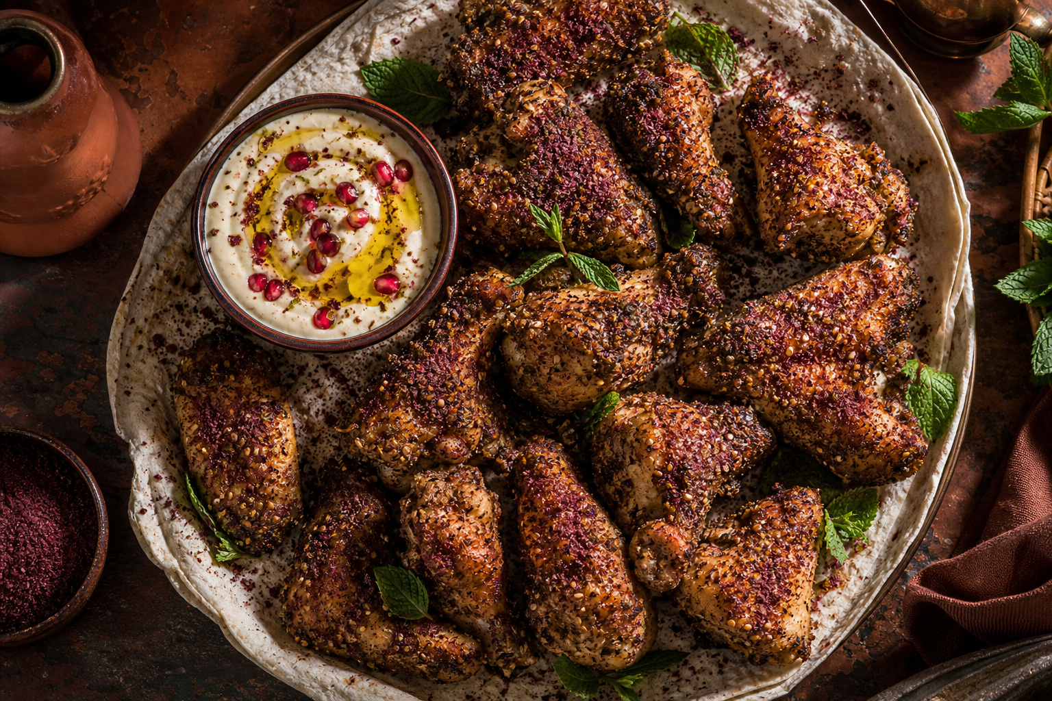 15 Game Day Chicken Wing Ideas 28 Za'atar and sumac spiced chicken wings on lavash with tahini sauce and pomegranate seeds