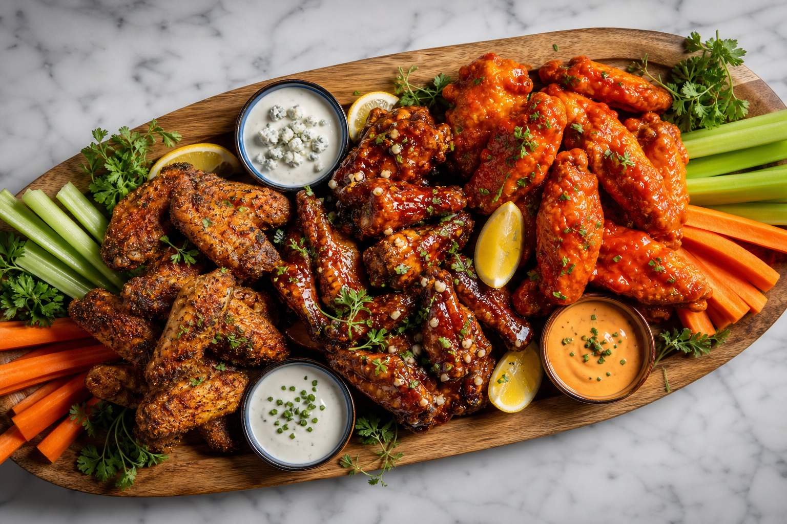 15 Game Day Chicken Wing Ideas 29 Mixed chicken wing platter on a wooden board with three dipping sauces celery and carrot sticks