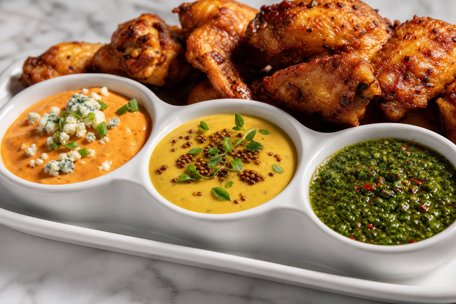 15 Game Day Chicken Wing Ideas 30 Three wing dipping sauces in white ceramic bowls with crispy chicken wingettes on white marble