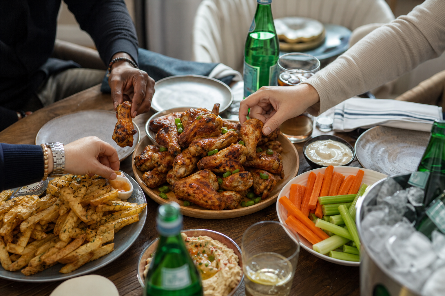 15 Game Day Chicken Wing Ideas 31 Full game day wing spread on a dining table with dips fries and drinks with people reaching in