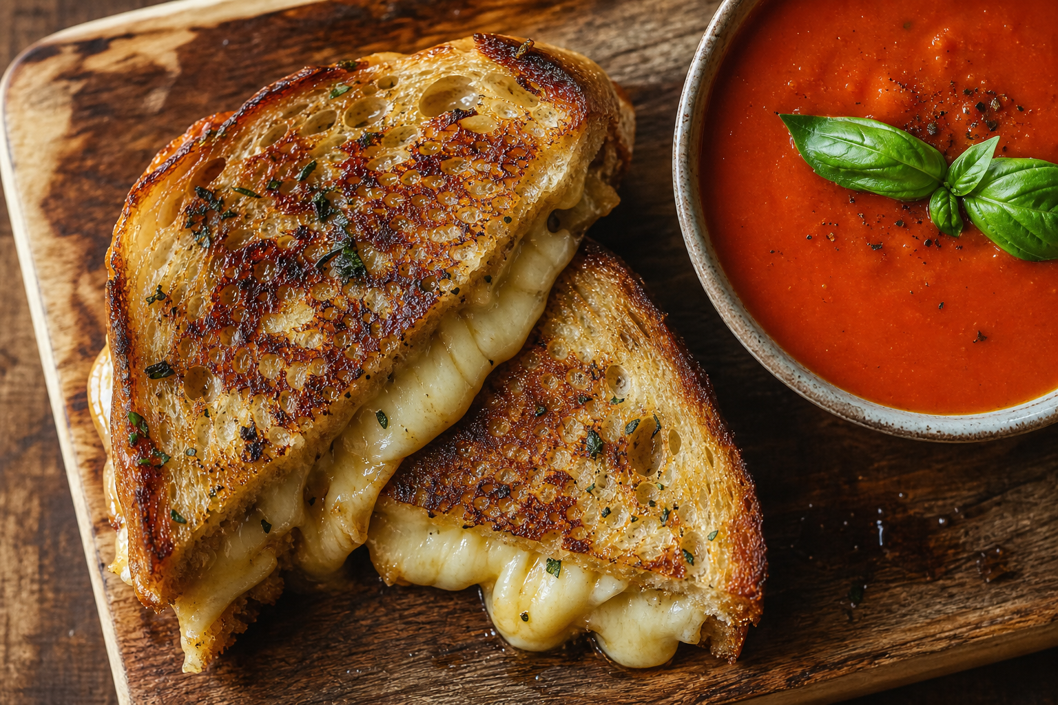 10 Gourmet Grilled Cheese Sandwich Ideas 12 Sourdough grilled cheese with aged cheddar and Gruyère oozing from cut edge beside tomato soup