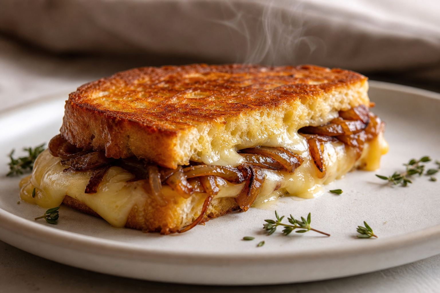 10 Gourmet Grilled Cheese Sandwich Ideas 13 Brioche grilled cheese with melted brie and caramelized onions on a white ceramic plate