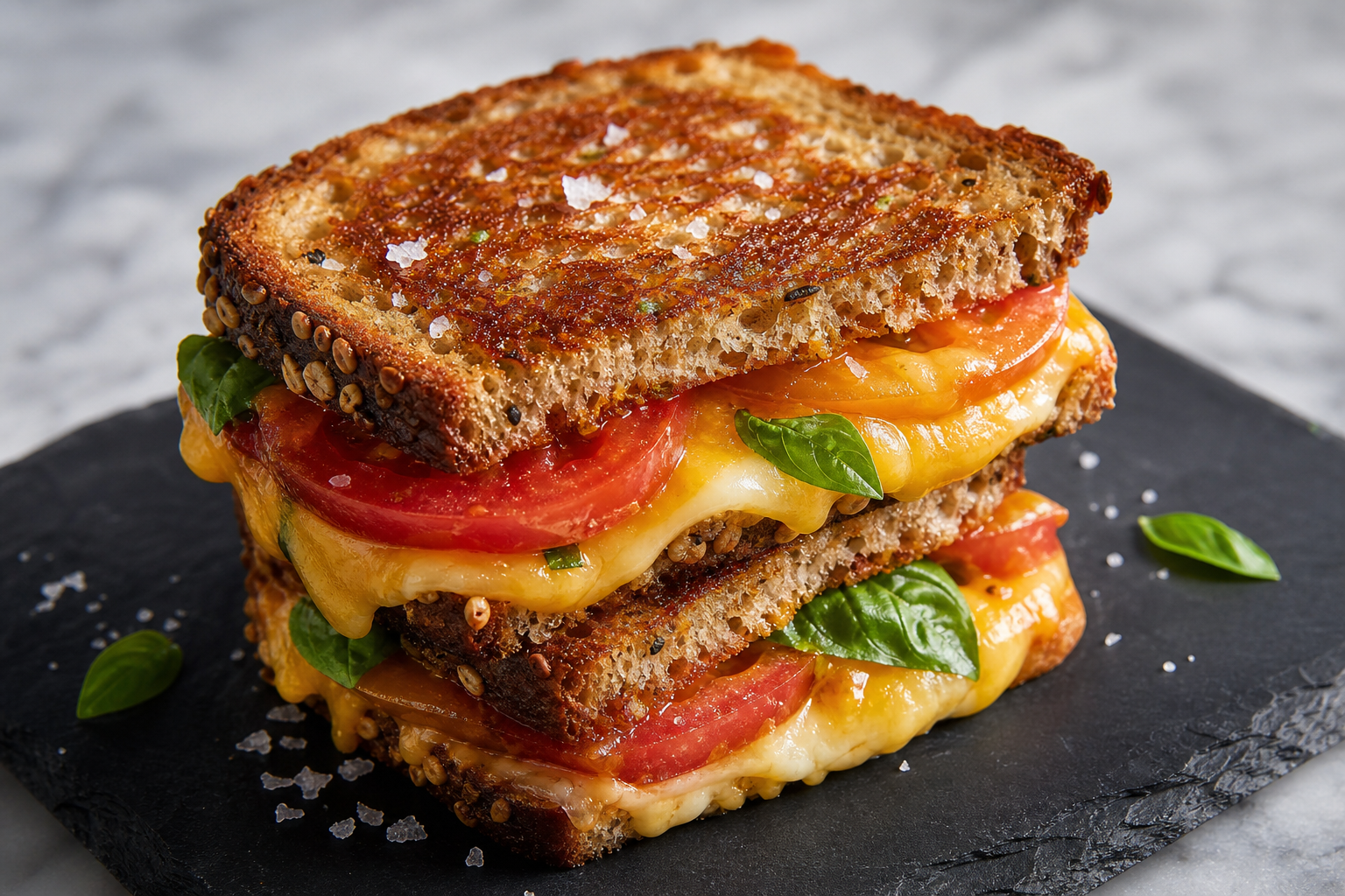 10 Gourmet Grilled Cheese Sandwich Ideas 14 Multigrain grilled cheese stacked with cheddar, smoked gouda, heirloom tomato, and fresh basil