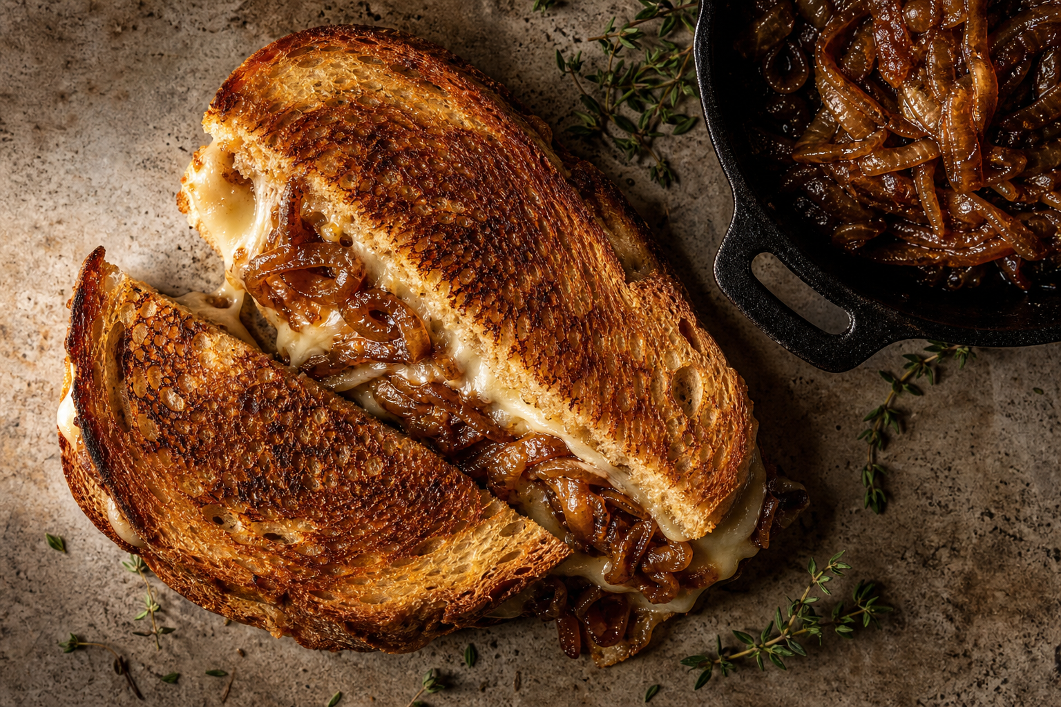 10 Gourmet Grilled Cheese Sandwich Ideas 18 French onion grilled cheese on pain de campagne with Gruyère and caramelized onions in warm golden light