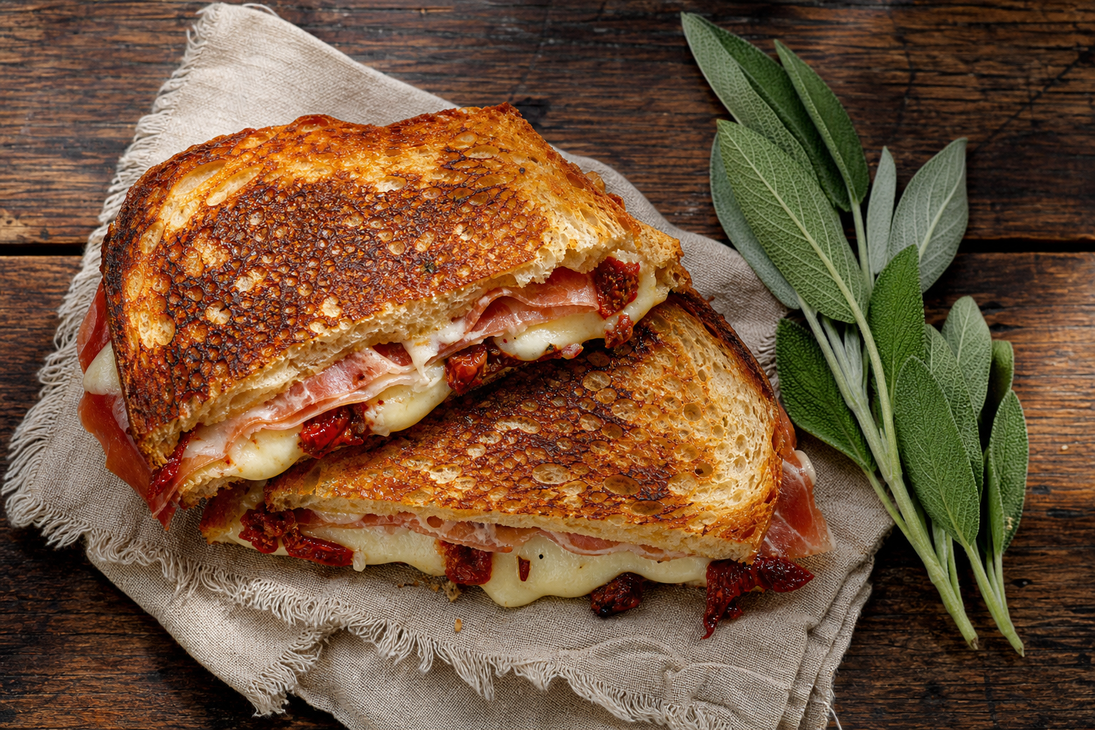 10 Gourmet Grilled Cheese Sandwich Ideas 16 Sourdough grilled cheese with prosciutto, fontina, and sun-dried tomatoes on a rustic wooden surface