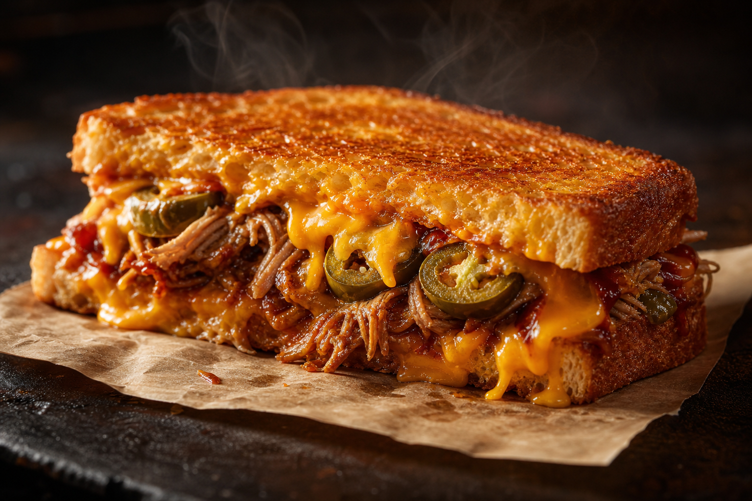 10 Gourmet Grilled Cheese Sandwich Ideas 17 Texas toast grilled cheese filled with pulled pork, cheddar, and pickled jalapeños on butcher paper