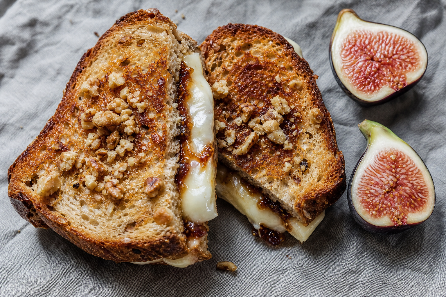 10 Gourmet Grilled Cheese Sandwich Ideas 20 Brie and fig jam grilled cheese on walnut bread with crushed walnuts and fresh figs beside it