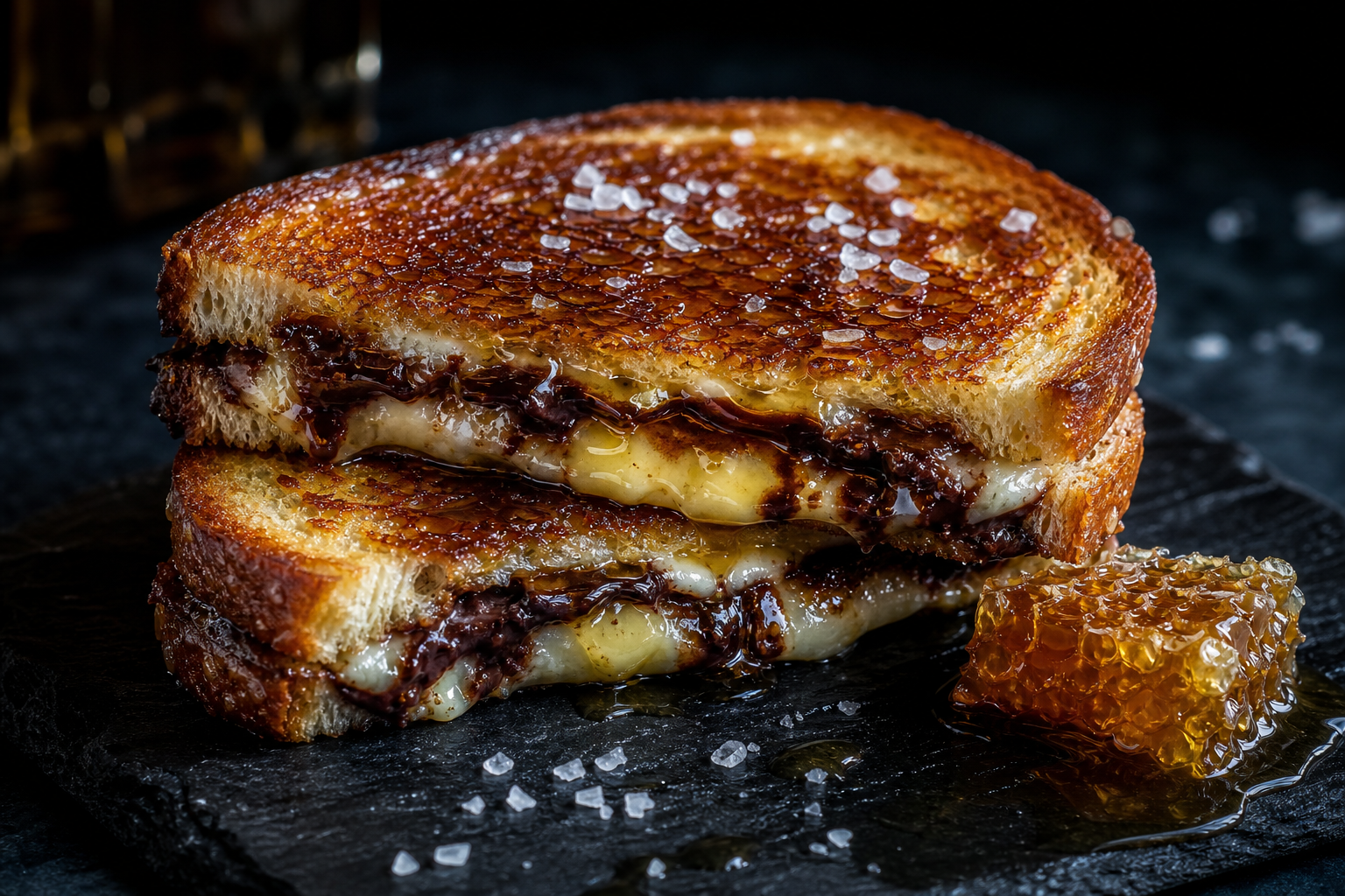 10 Gourmet Grilled Cheese Sandwich Ideas 21 Dark chocolate and brie grilled cheese on brioche with honey drizzle and flaky salt on a slate board