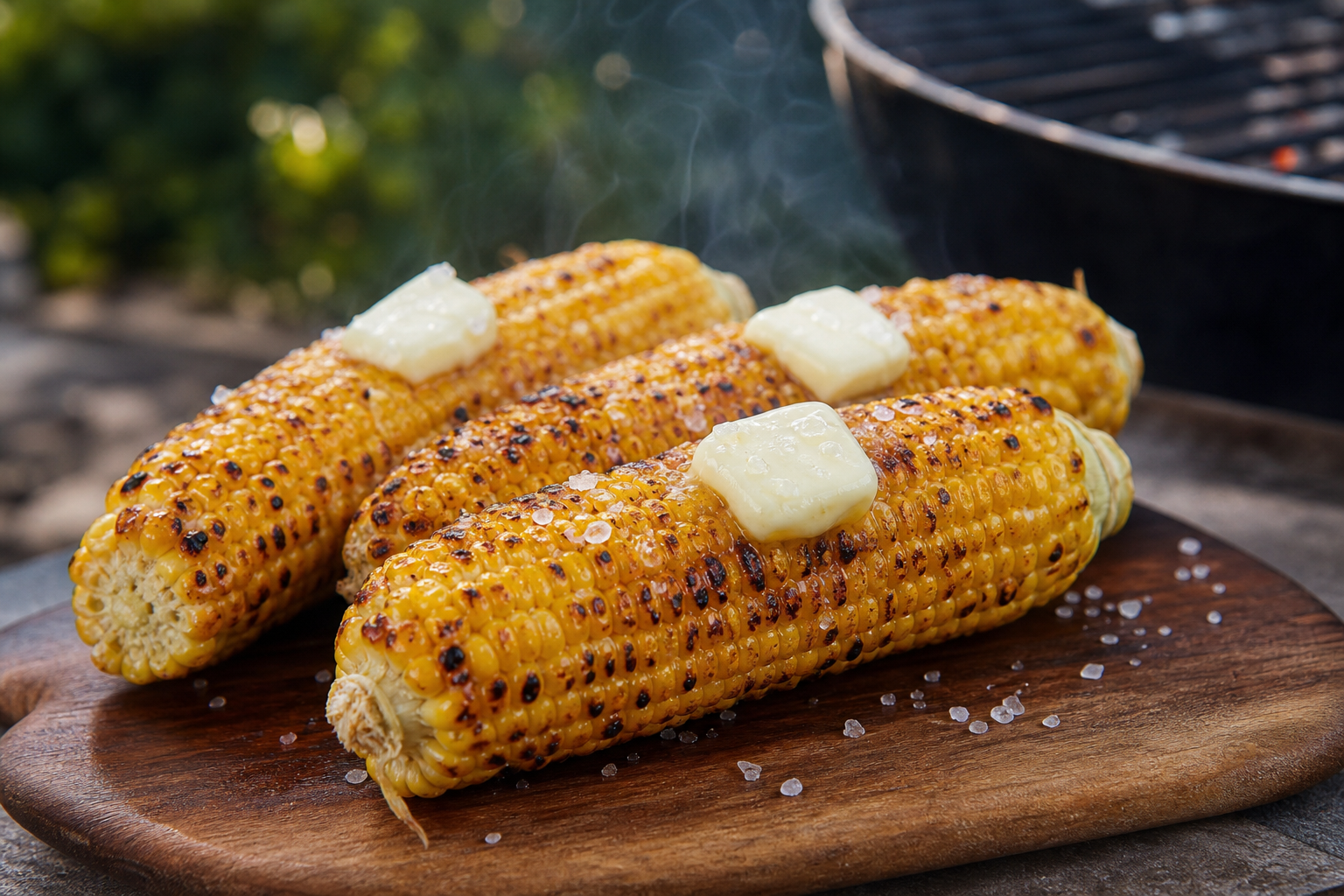 8 Grilled Corn Serving Ideas 10 Grilled corn on the cob with char marks, melting butter, and sea salt on a wooden board