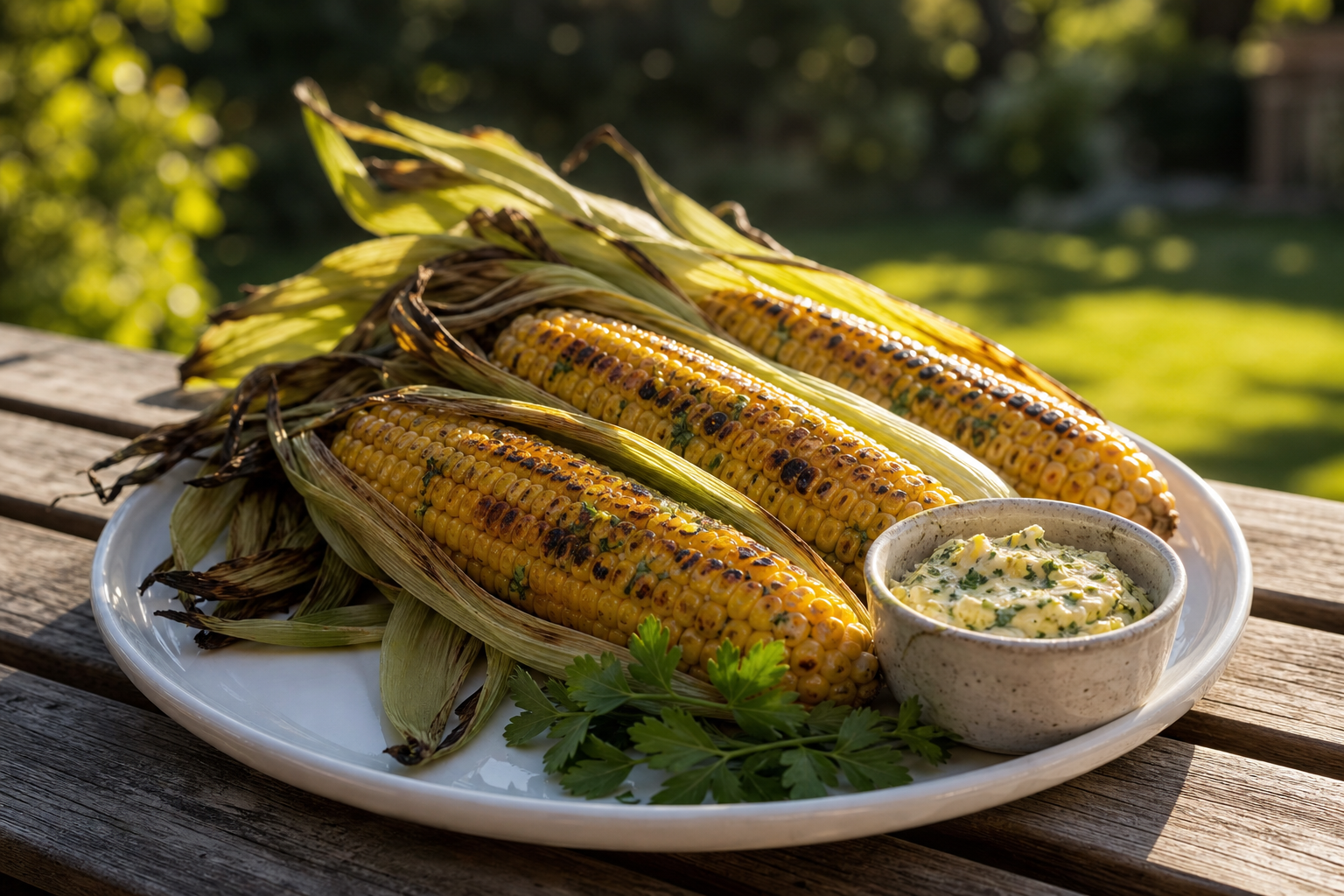 8 Grilled Corn Serving Ideas 11 Husk-grilled corn on the cob on a white plate with herb butter and fresh parsley garnish