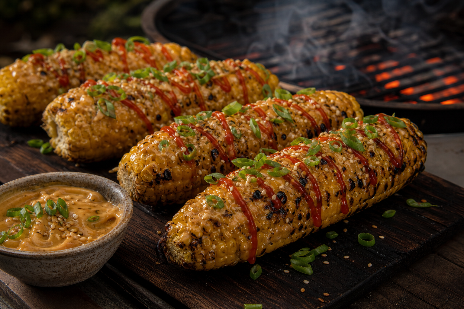 8 Grilled Corn Serving Ideas 16 Grilled corn with miso butter, sesame seeds, scallions, and sriracha on a dark wood board