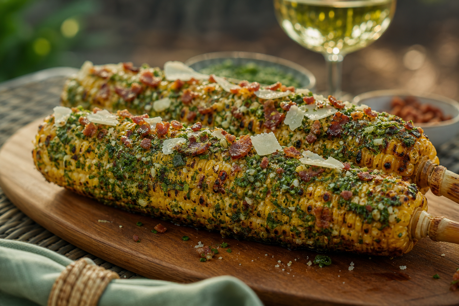 8 Grilled Corn Serving Ideas 17 Grilled corn with herb butter, crispy bacon crumbles, and shaved Parmesan on a wooden platter