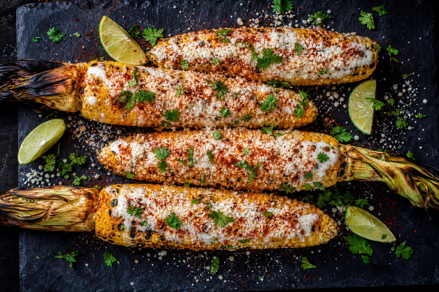 8 Grilled Corn Serving Ideas 12 Mexican street corn elote coated in cotija cheese, chili powder, and crema with lime wedges