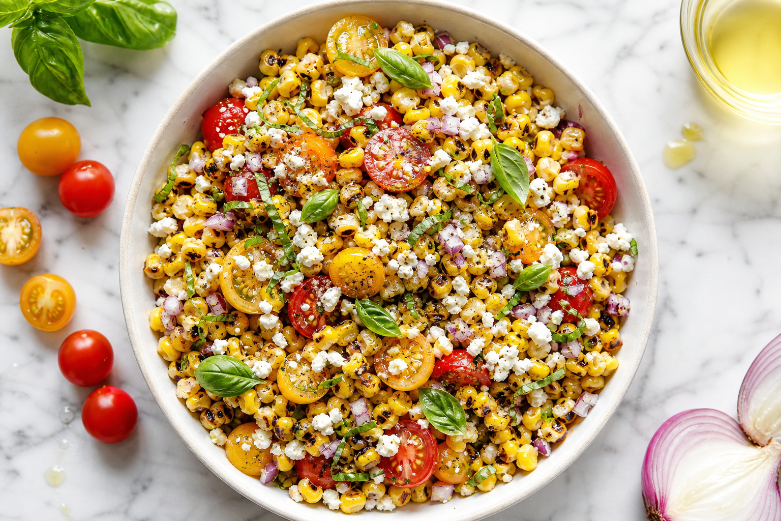 8 Grilled Corn Serving Ideas 14 Grilled corn salad with cherry tomatoes, feta, red onion, and fresh basil in a white bowl