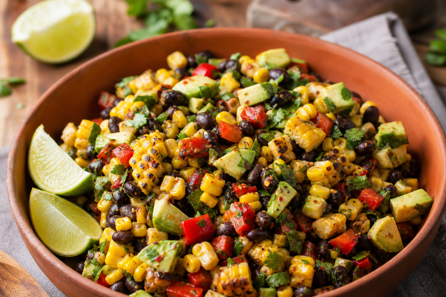 8 Grilled Corn Serving Ideas 15 Grilled corn and black bean salad with avocado, red pepper, and cilantro in a terracotta bowl