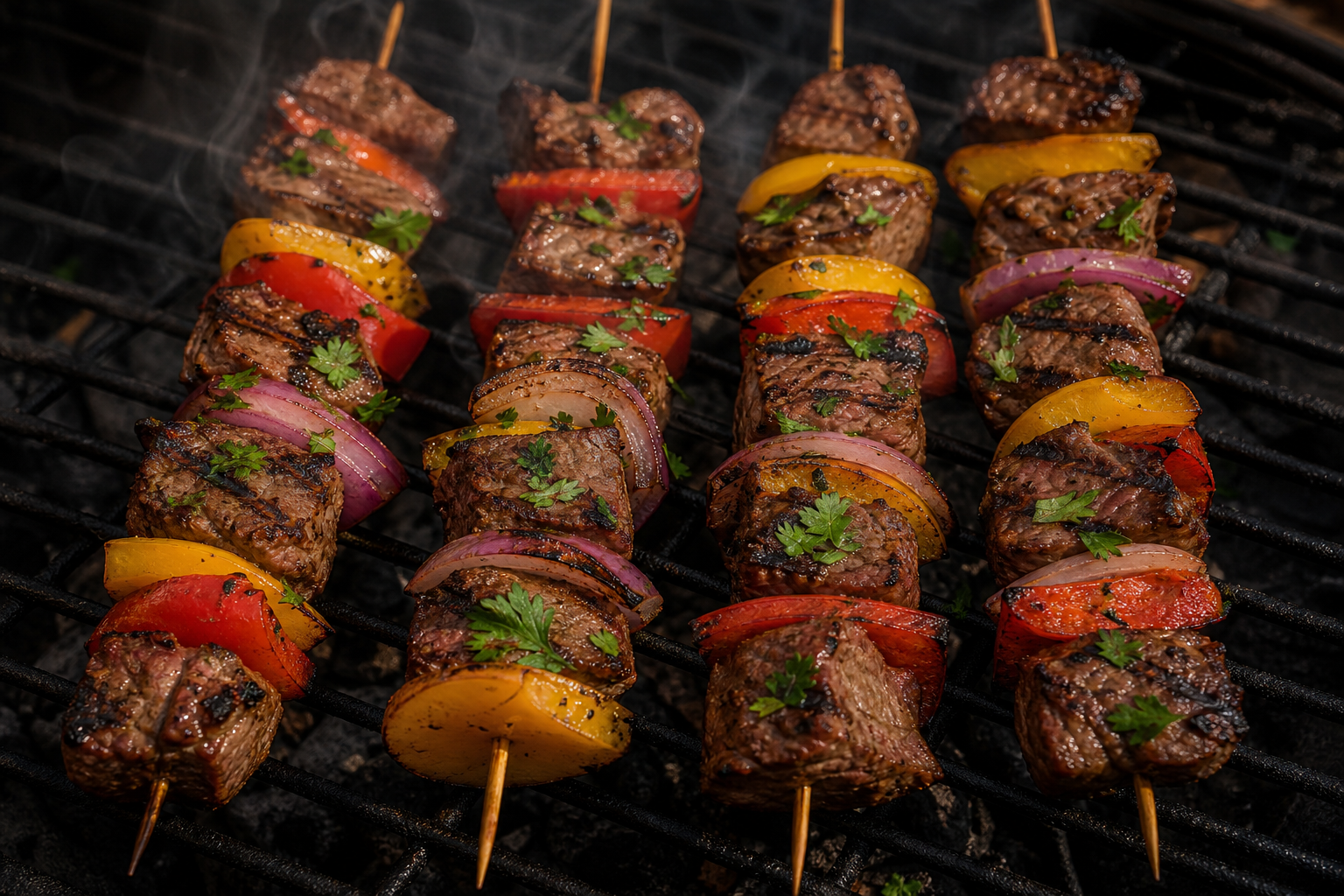 Grilled beef sirloin kabobs with bell peppers and red onion on cast iron grill