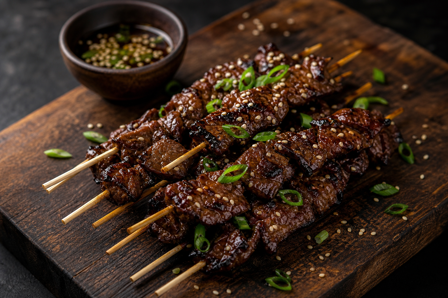 Korean bulgogi beef kabobs with sesame glaze and green onions on wooden board