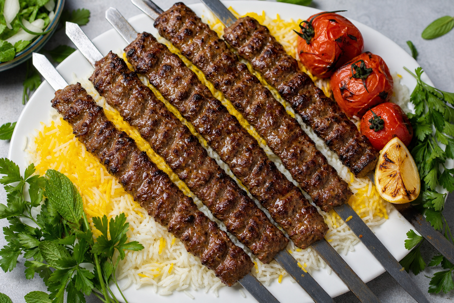 Persian koobideh ground beef skewers on flat metal skewers with saffron rice and grilled tomatoes