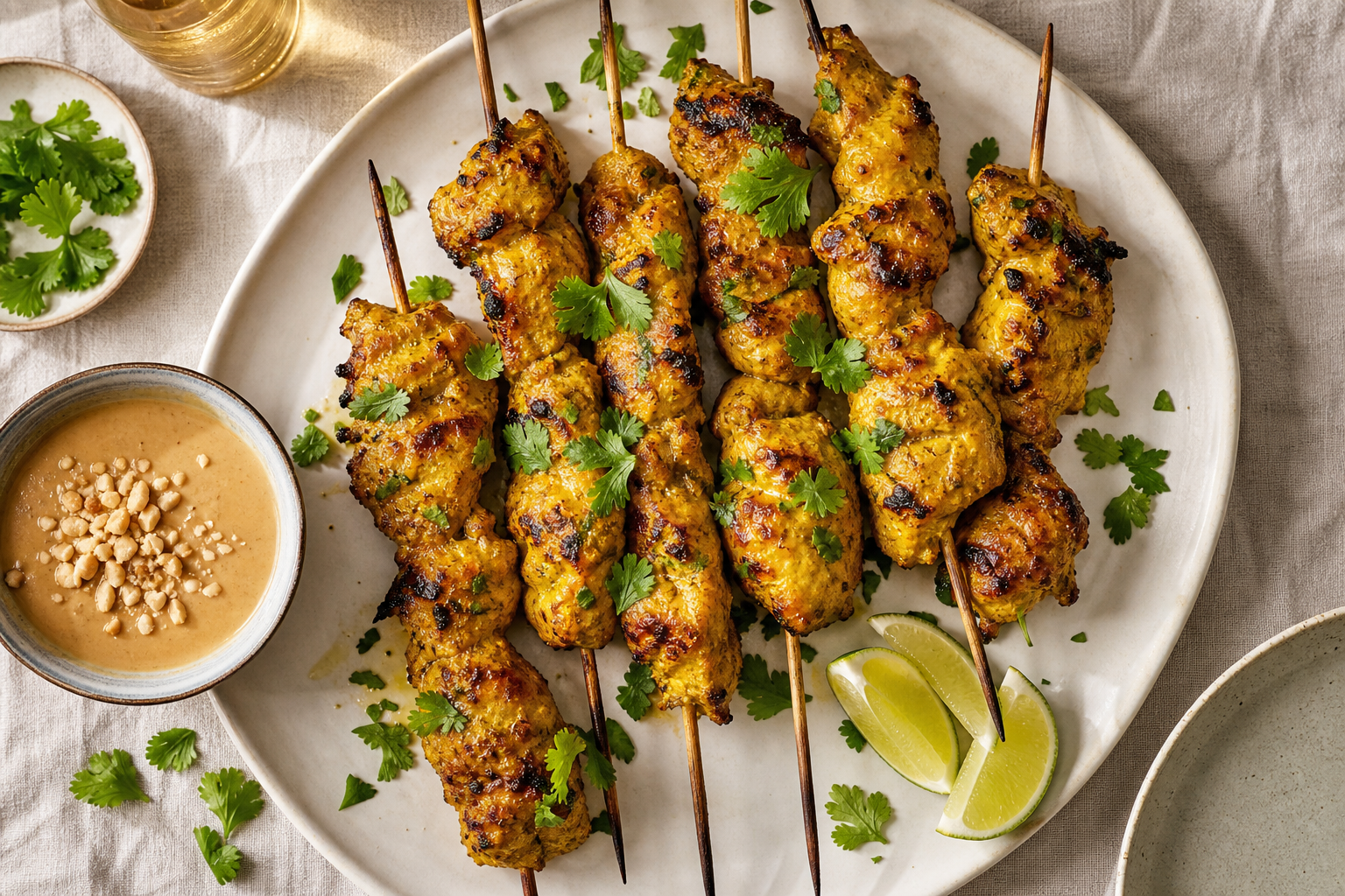 Turmeric coconut chicken thigh skewers with peanut sauce and lime on white platter