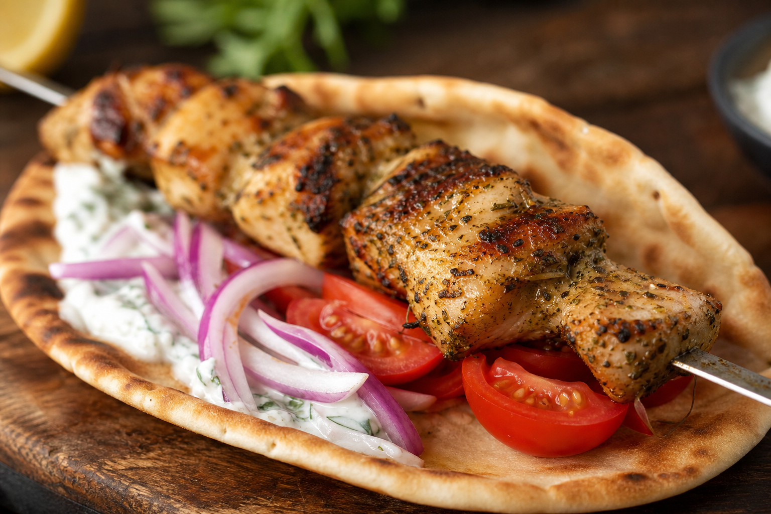 Greek souvlaki chicken skewers in pita with tzatziki sauce and sliced tomatoes