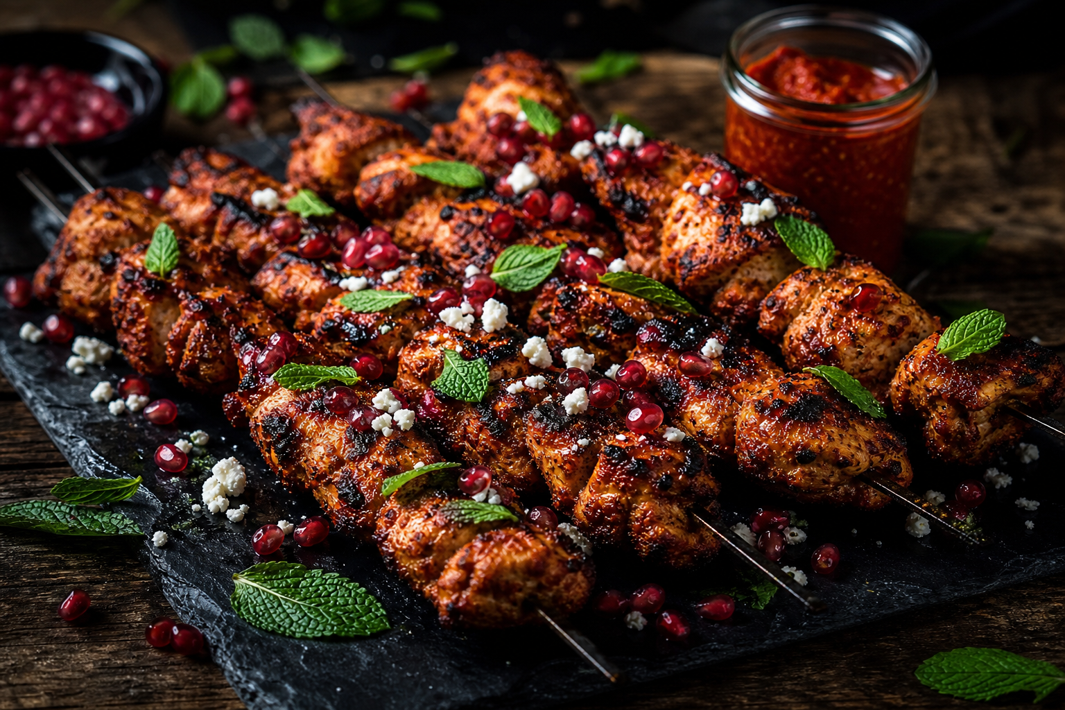 Spicy harissa chicken skewers with feta crumbles and pomegranate seeds on slate board