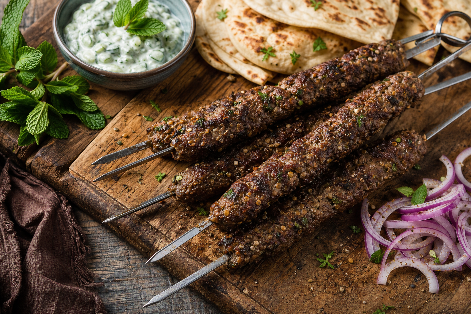 Lamb kofta skewers with spiced crust served with cucumber yogurt sauce and warm pita