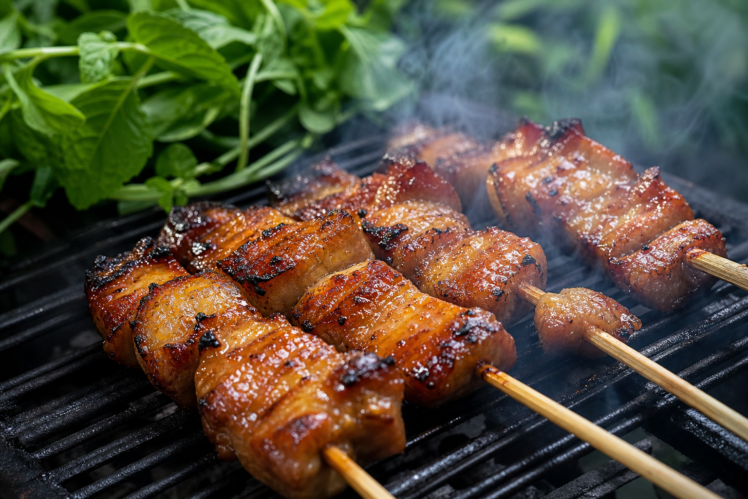 Vietnamese lemongrass pork belly skewers caramelized with fish sauce glaze on grill