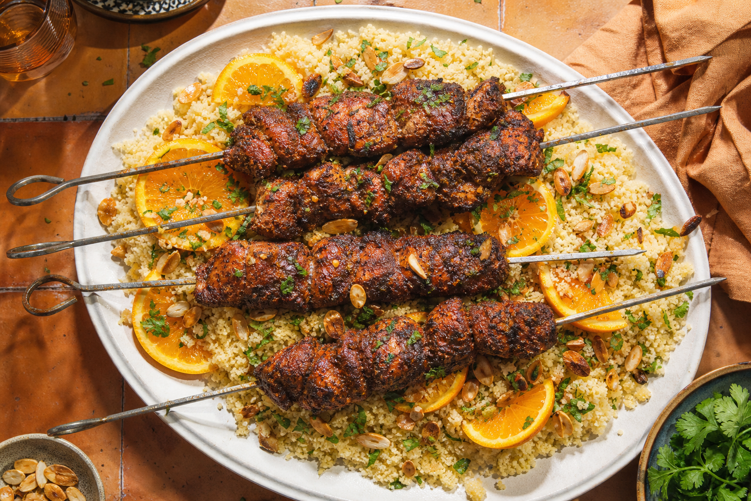 Moroccan spiced lamb leg skewers with ras el hanout over couscous with orange slices