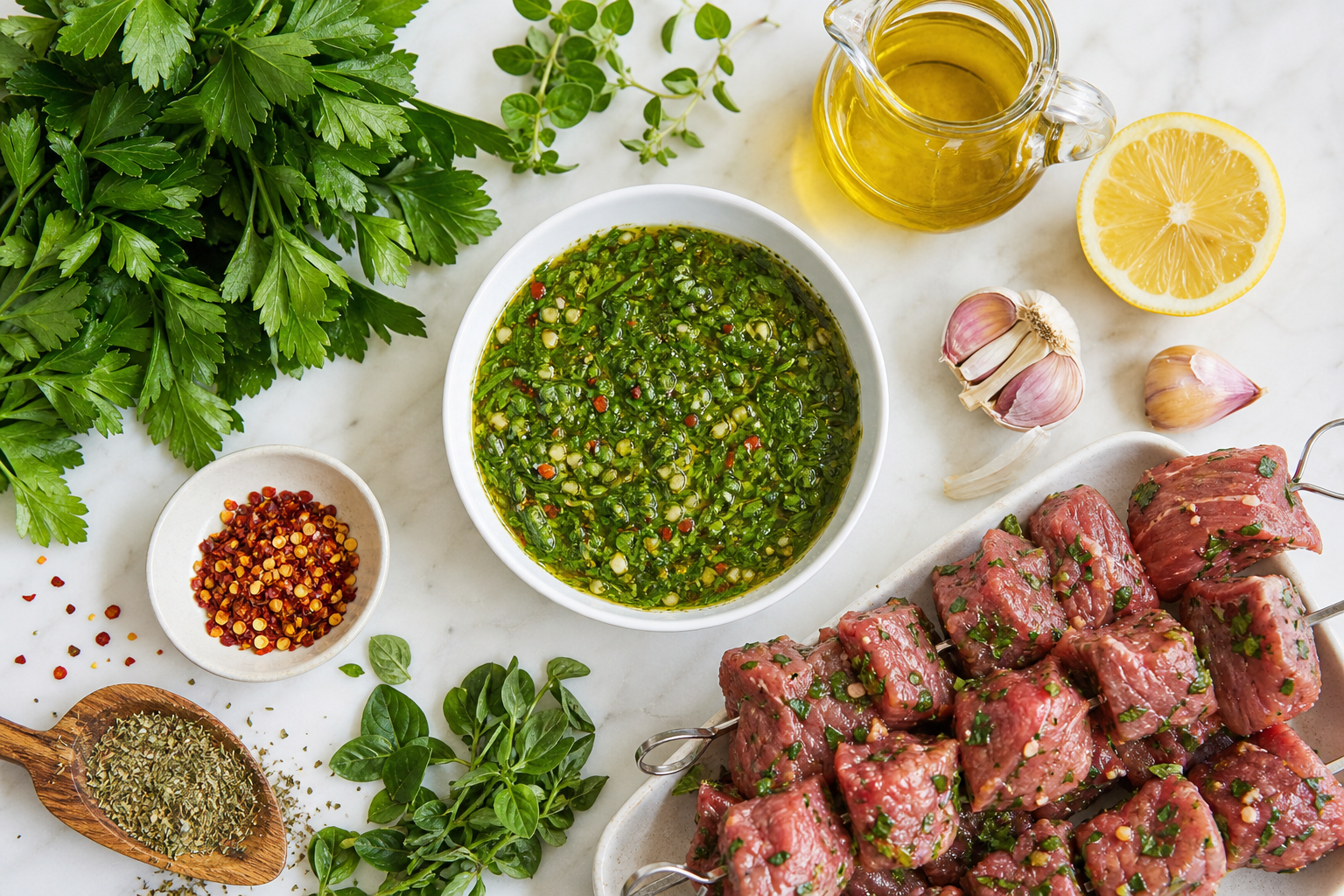 Chimichurri marinade setup with fresh herbs, garlic, and raw beef skewers on marble surface