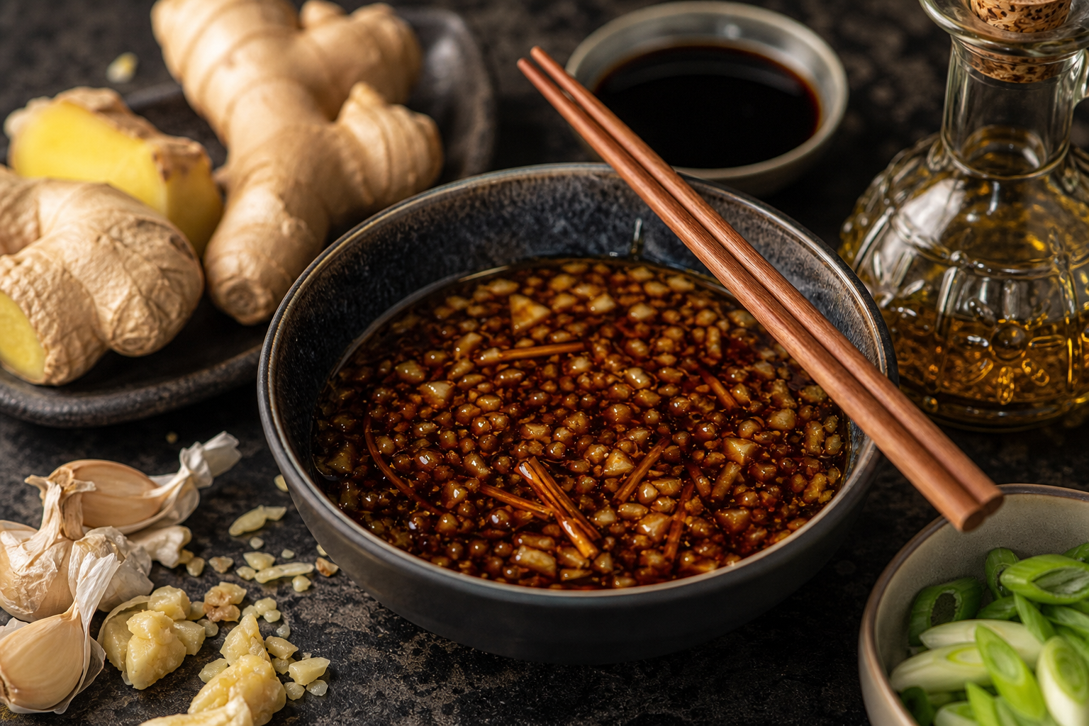 Soy and ginger marinade in dark ceramic bowl with fresh ginger garlic and sesame oil