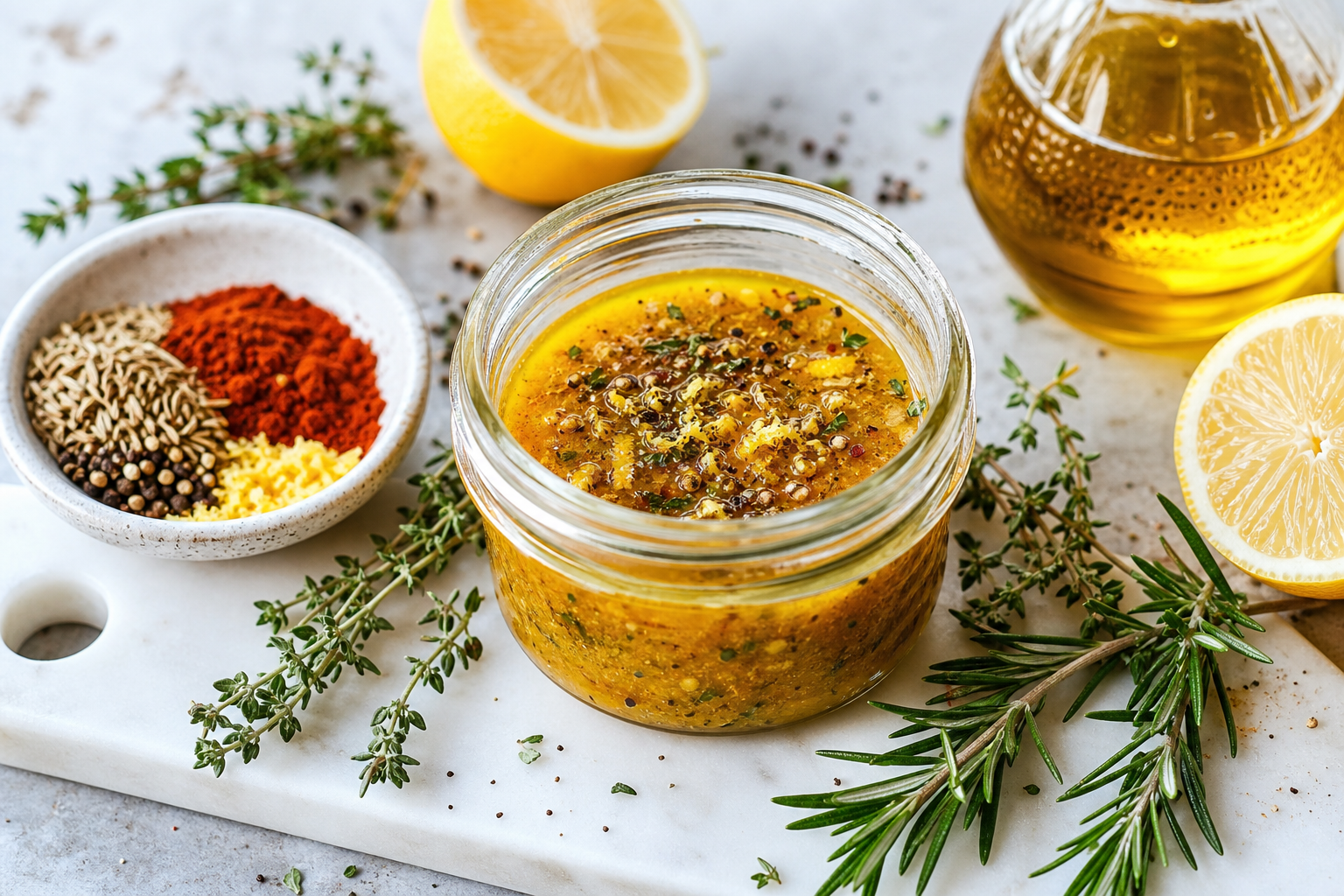 Mediterranean lemon herb marinade with smoked paprika cumin thyme and fresh lemons on white board