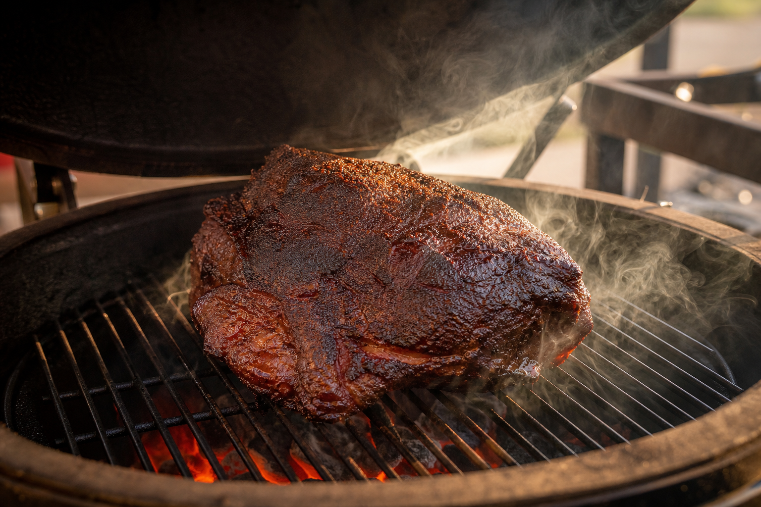 Beef chuck roast smoking on a charcoal smoker with aromatic white smoke rising around the meat