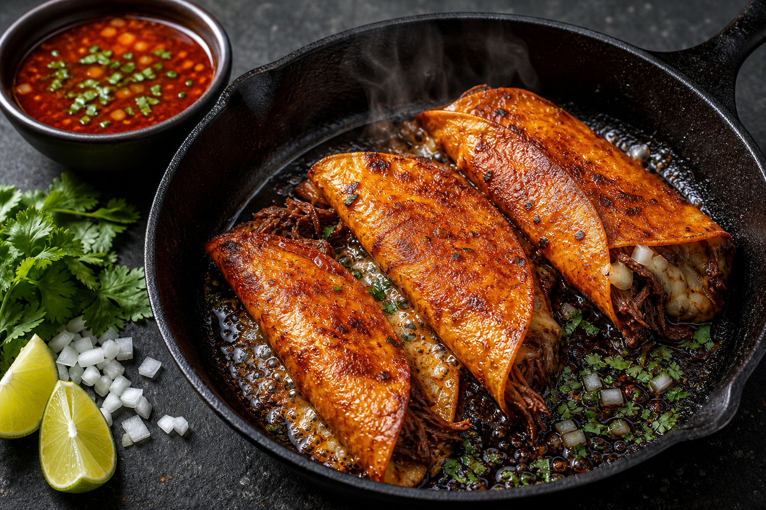 Crispy birria tacos sizzling in a cast iron skillet with a bowl of red consomé for dipping