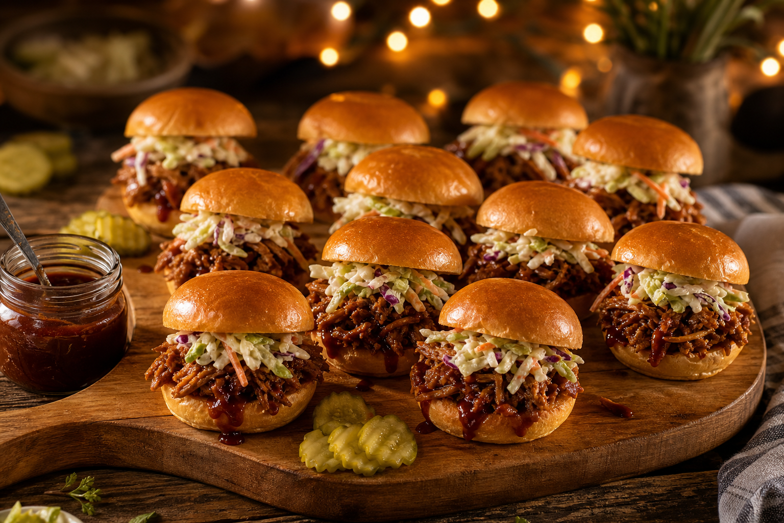 Platter of assembled BBQ pulled pork sliders with coleslaw on a wooden board