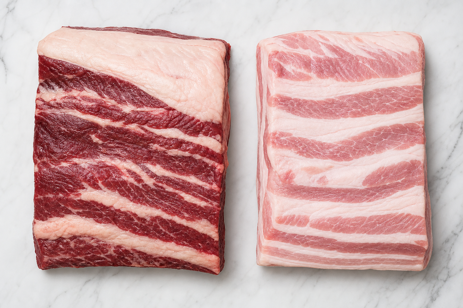 Side-by-side comparison of raw beef belly and pork belly slabs on a marble surface