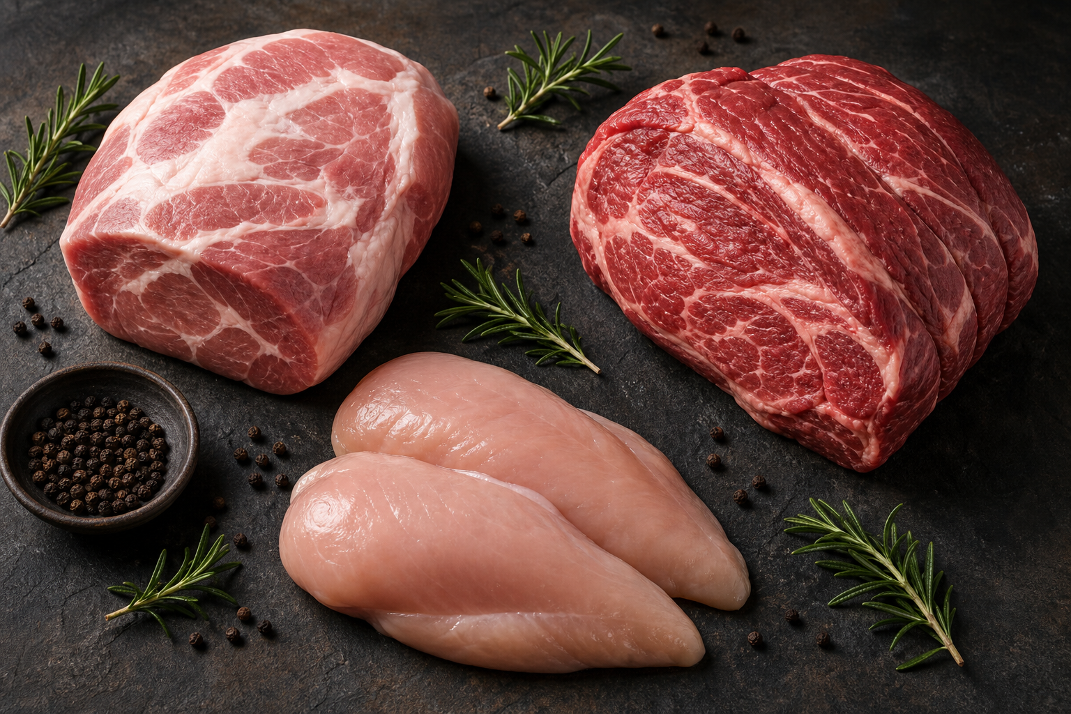Assorted raw meat cuts including pork shoulder and beef chuck laid out on a dark slate surface