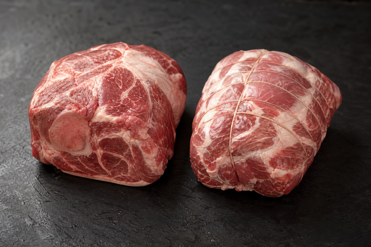 How to Choose a Pork Shoulder for the Best Pulled Pork Value 8 Bone-in and boneless pork shoulder cuts placed side by side on a dark slate surface